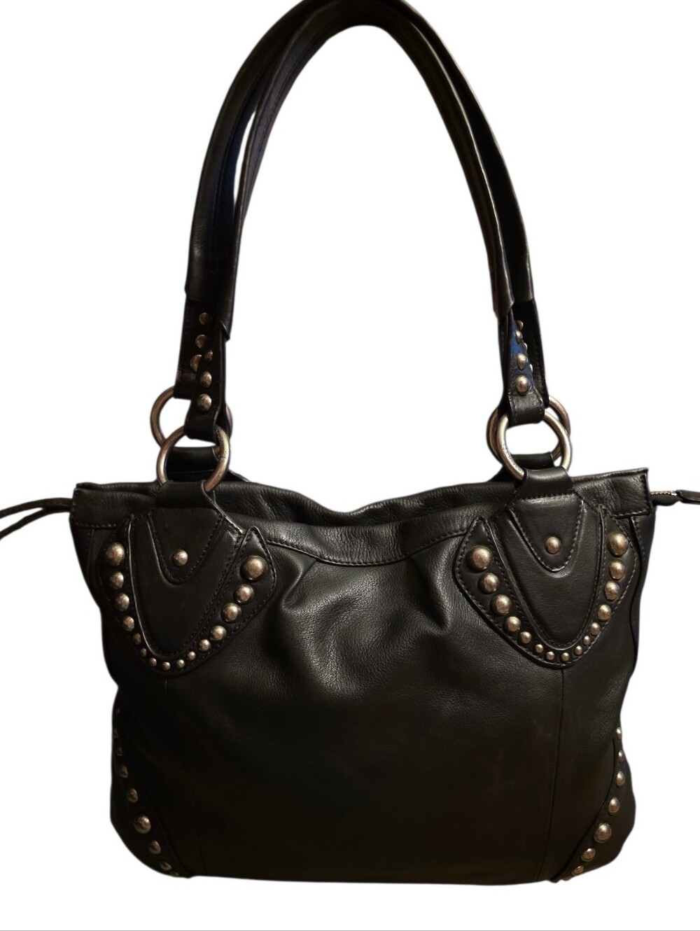 B. Makowsky Y2K Black Pebbled Leather Studded Hobo Shoulder Bag EUC